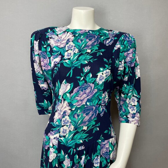 Vintage 90s Dress Floral Navy Blue Basque Waist Momcore Midi Rayon High Neck - Picture 2 of 16